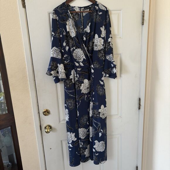 Bohemian Floral Maxi Dress Blue Aprox 2X Long V-Neck 3/4 Sleeves Feaux Wrap City - Picture 2 of 16